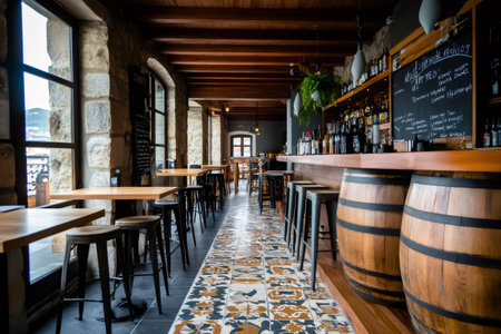 Rustic restaurant interior featuring a wooden bar, barrels, stools, and tiled floorの素材