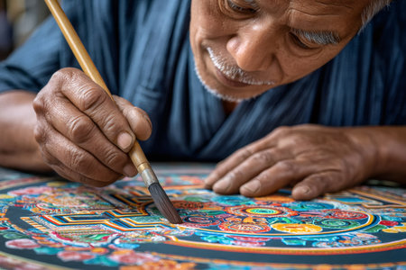 Buddhist monk carefully drawing a colorful mandala using a brushの素材