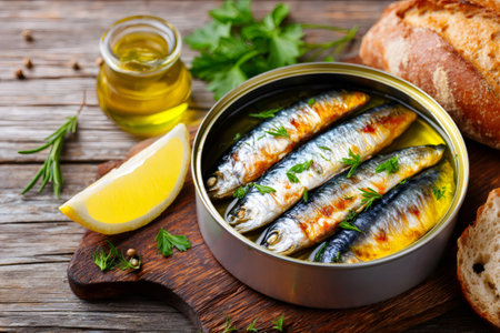 Open can of sardines in oil with lemon, herbs, and bread on rustic wooden backgroundの素材