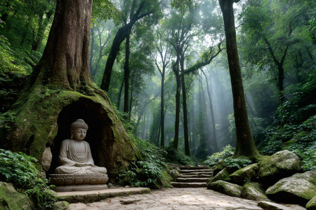 Serene buddha statue meditates peacefully in a mossy grotto within a sun drenched forest, inspiring tranquility and spiritual reflectionの素材