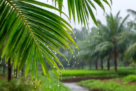 Water droplets dripping from palm leaf during rainfall in tropical location, creating serene and refreshing atmosphereの素材