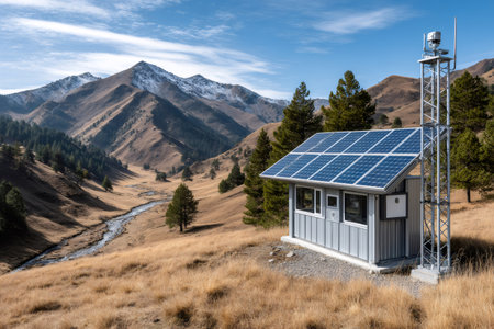 Photovoltaic panels providing sustainable energy to a remote monitoring station nestled in a picturesque mountain valleyの素材