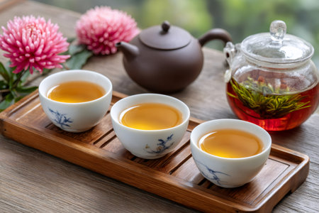 Aromatic blooming tea steeping in a glass teapot, served in traditional teacups on a wooden tray, creating a serene tea ceremony ambianceの素材