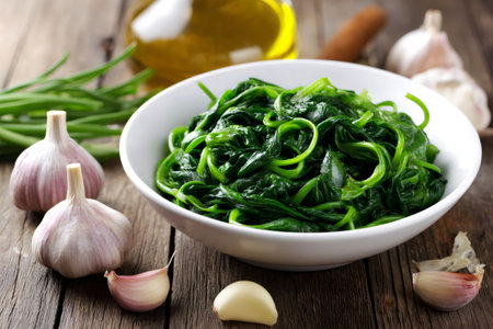Freshly steamed spinach seasoned with garlic and olive oil, promoting healthy eating and a vegetarian lifestyleの素材