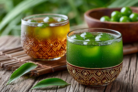 Two glasses of iced pandan juice and chrysanthemum tea are placed on a wooden table, creating a refreshing tropical sceneの素材