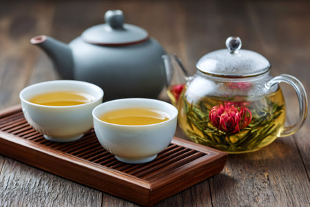 Aromatic blooming flower tea steeps in glass teapot, served with two cups on a wooden tray, creating a tranquil tea time experienceの素材