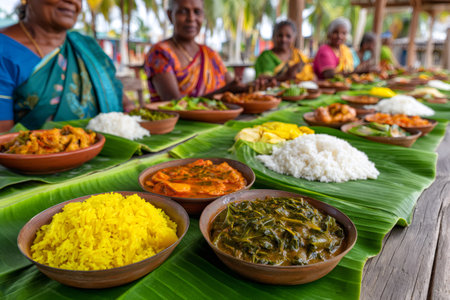 Group of Indian women serving a wide variety of colorful and delicious traditional dishes on banana leavesの素材
