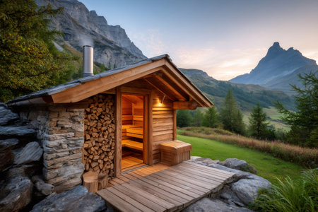 Small wooden sauna cabin burning wood with illuminated interior and mountain view at sunsetの素材