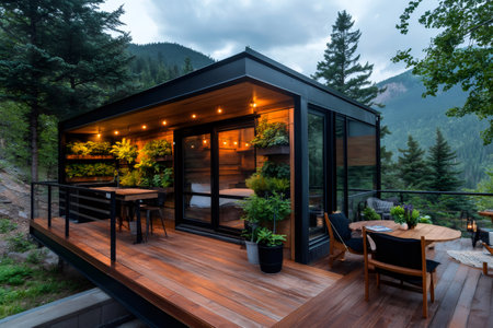 Illuminated modern container home nestled in a tranquil mountain setting, featuring a spacious wooden deck with patio furniture, lush plants, and stunning valley viewsの素材