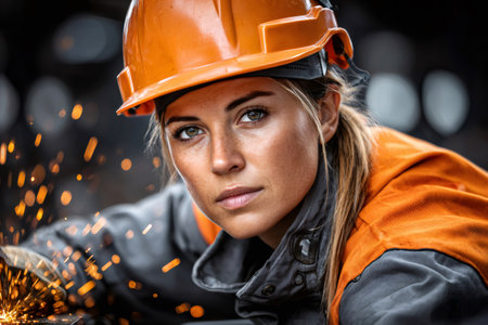 Female construction worker wearing protective gear, welding metal in industrial settingの素材