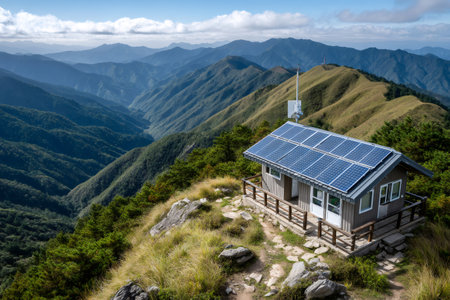 Solar panels powering a small, off grid cabin nestled in a picturesque mountain setting, showcasing sustainable livingの素材