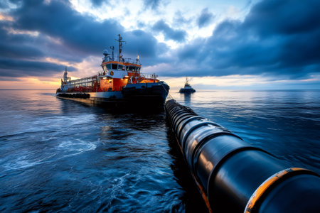 Tugboats are towing a large pipeline section across the ocean at sunsetの素材