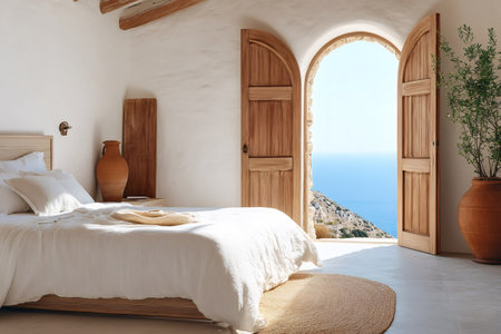 White bedroom with open arched wooden doors revealing a stunning sea view from the Greek islandの素材