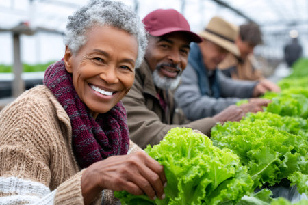 Happy senior farmers harvesting fresh lettuce in a greenhouse, showcasing teamwork, sustainability, and healthy eatingの素材