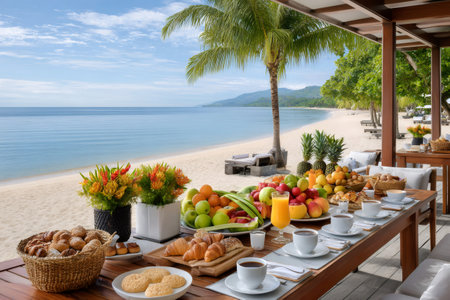 Enjoying a delicious breakfast spread with fresh tropical fruits, pastries, and coffee on a wooden table by a beautiful beachの素材