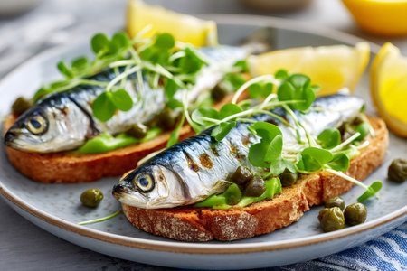 Two toasted bread slices with mashed avocado, grilled sardines, capers and microgreens, garnished with lemon wedgesの素材