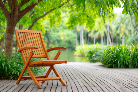 Empty wooden chair placed on a boardwalk in a peaceful green park setting, creating a tranquil sceneの素材