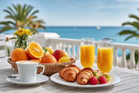 Luxury breakfast served on a balcony with sea view, including cappuccino, croissants, orange juice and fresh fruitの素材
