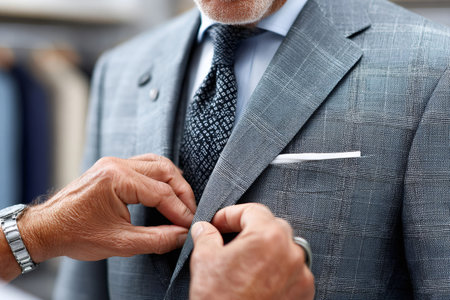 Tailor adjusting gray checkered suit jacket of elegant senior businessman in atelierの素材