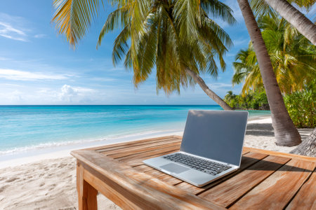 Laptop sitting on wooden table under palm trees at a tropical beach, symbolizing remote work, vacation, and work life balanceの素材