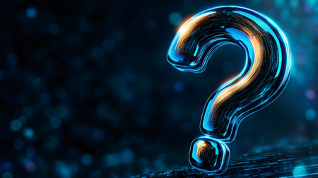 Blue and gold question mark glowing on dark background, representing uncertainty and mystery in technology and innovationの素材