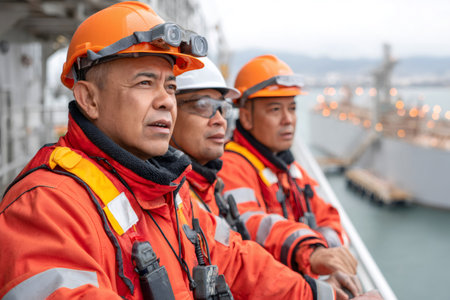 Deck officers wearing safety helmets and orange uniform standing on ship's bridge, overseeing navigationの素材