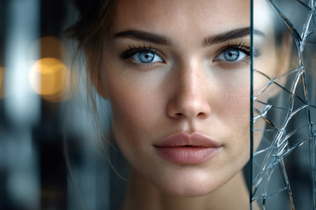 Close up of a young woman's face partially obscured by shattered glass, creating a captivating contrast between vulnerability and resilienceの素材