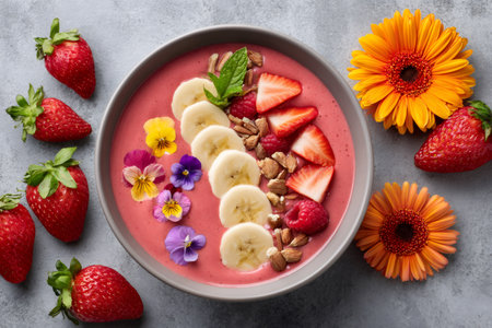 Vibrant and healthy smoothie bowl topped with colorful edible flowers, creating a visually appealing and nutritious breakfast optionの素材