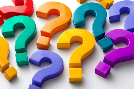Vibrant question marks symbolize problem solving, curiosity, and the search for answersの素材