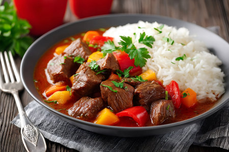 Savory beef stew is served with a side of fluffy white rice, creating a hearty and satisfying mealの素材