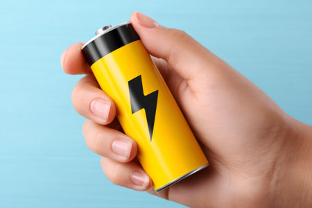 Woman is holding a yellow battery with lightning symbol suggesting electrical power and energy against a blue backgroundの素材