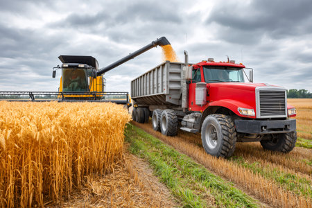 Combine harvester unloading harvested wheat grains into a truck trailer during the harvest seasonの素材