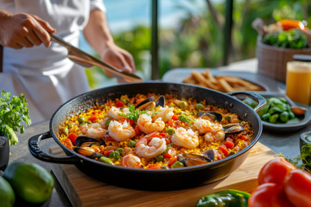 Chef using tongs to serve a freshly made seafood paella in an outdoor kitchen settingの素材