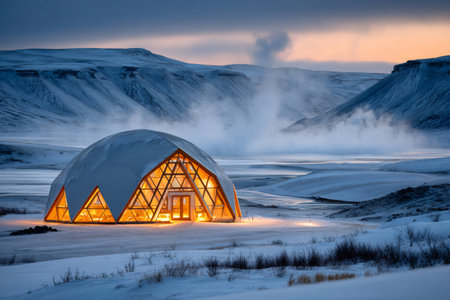 Illuminated geodesic dome stands out against a backdrop of snow covered hills and rising steam in the Icelandic wilderness at duskの素材