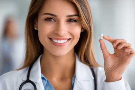 Female doctor holding a pill and smiling, promoting healthcare and medicineの素材