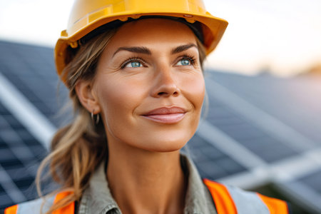 Confident engineer wearing hardhat and safety vest inspecting solar energy panels at sunsetの素材