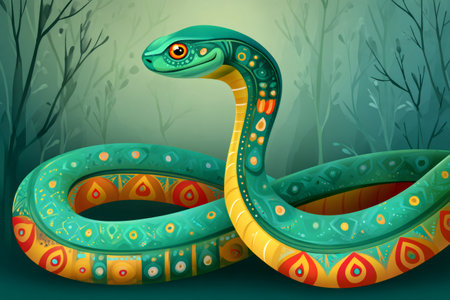 Decorated snake posing in a mystic forest, fantasy wildlife digital paintingの素材