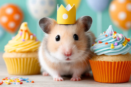 Adorable hamster wearing a crown celebrates its birthday with colorful cupcakes and a festive backgroundの素材