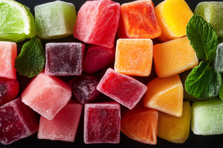 Colorful jelly fruit candies creating a vibrant and textured background, ideal for confectionery or food related themesの素材
