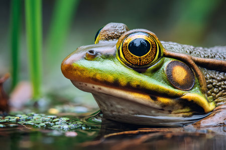 Close up of a vibrant green frog partially submerged in water, showcasing its captivating golden eyes and textured skinの素材