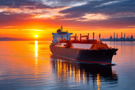 Liquefied natural gas tanker sailing near refinery at sunsetの素材
