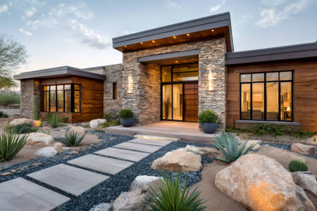 Stone and wood siding combine to create a stunning exterior for this modern luxury home, complete with a welcoming walkway and desert landscapingの素材