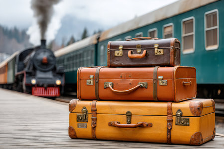 Stacked vintage suitcases sit on a train platform as a steam train approaches, evoking nostalgic travelの素材