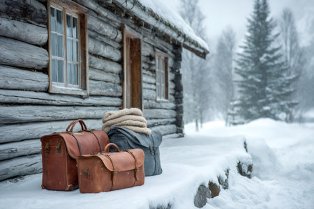 Luggage sits on snowy porch of wooden cabin during winter snowfall, creating a cozy and nostalgic travel sceneの素材
