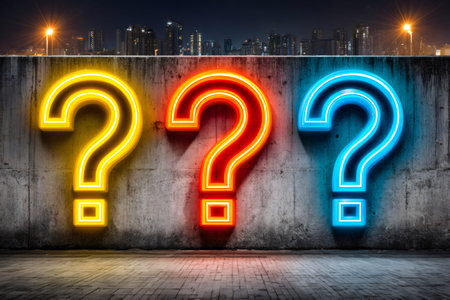 Three glowing neon question marks illuminating a concrete wall at night, symbolizing mystery, curiosity, and unanswered questionsの素材