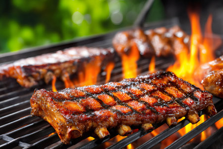 Juicy bbq pork baby back ribs grilling on a hot charcoal grill with flamesの素材