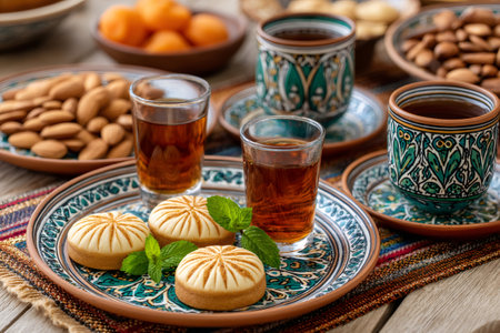 Traditional Moroccan tea party with mint tea, cookies, almonds, dried apricots served on ceramic plates, celebrating Ramadanの素材