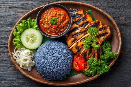 Delicious grilled chicken breast served with blue rice, fresh vegetables and spicy sauce, garnished with parsleyの素材