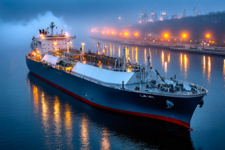 Large lng tanker moored near an industrial port at dusk, with lights reflecting on the calm waterの素材