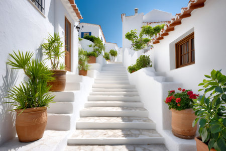 Traditional whitewashed houses with terracotta pots and vibrant flowers create a charming scene in a Mediterranean villageの素材